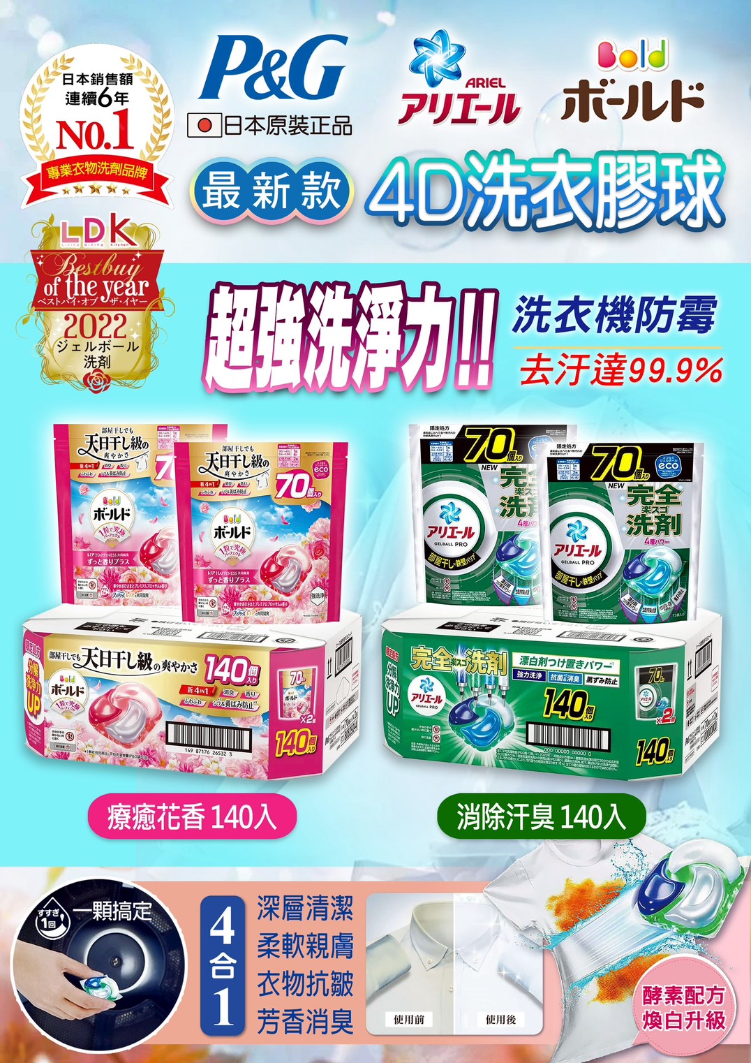 日本P&G ARIEL 4D洗衣球 70顆*2袋