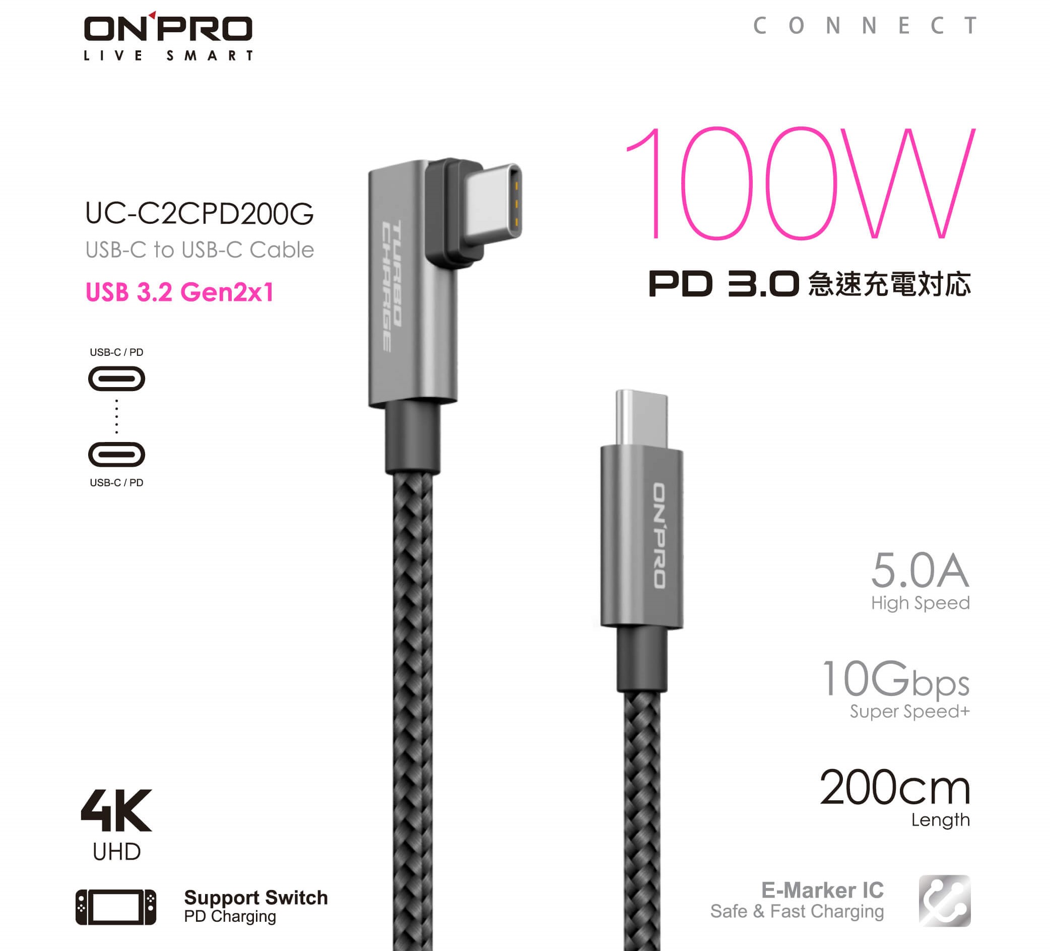ONPRO】UC-C2CPD200G USB-C to C PD100W 快充傳輸線200cm