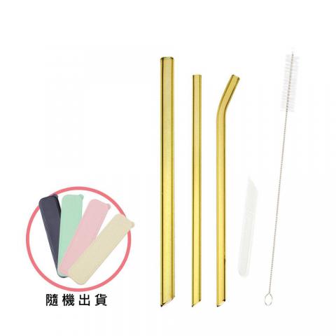 (黃色/綠色)【AURA 艾樂】晶亮耐熱多彩玻璃吸管6件組(附收納盒/外盒不挑色)