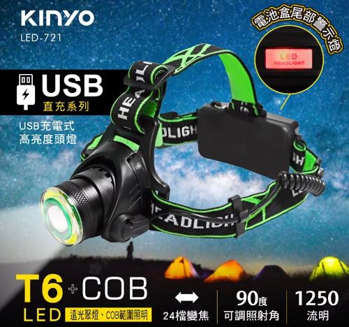 【KINYO】 USB充電式高亮度頭燈 LED-721
