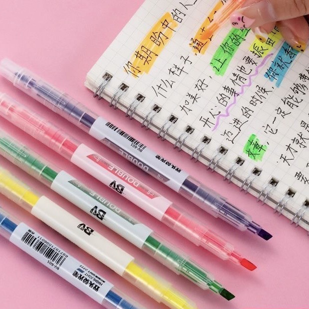 (6支/雙頭)螢光筆 學生用重點標記筆｜斜角粗頭設計，適合重點標記