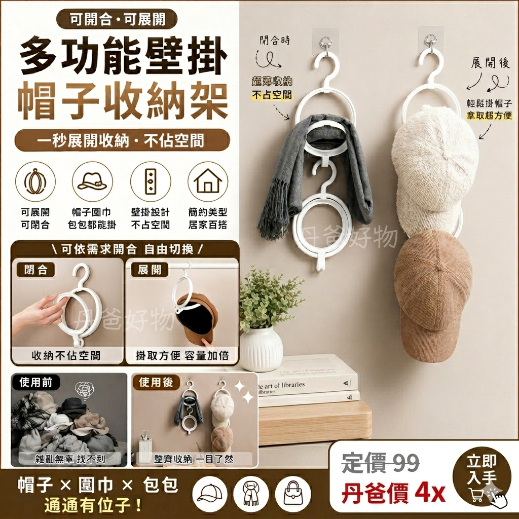 壁掛式帽子多用途收納架(可閉合、展開，輕鬆收納物品)