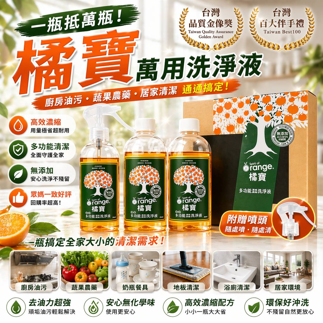(3入裝)橘寶 濃縮多功能洗淨液300ml-附噴頭1支(陳月卿推薦)眾麻許願品