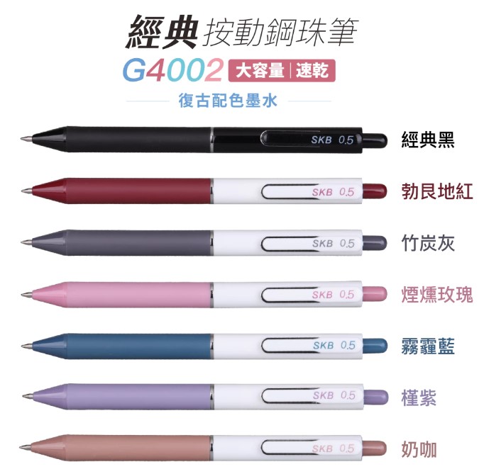 SKB 經典按動鋼珠筆 復古配色 0.5mm 【共7色】G-4002