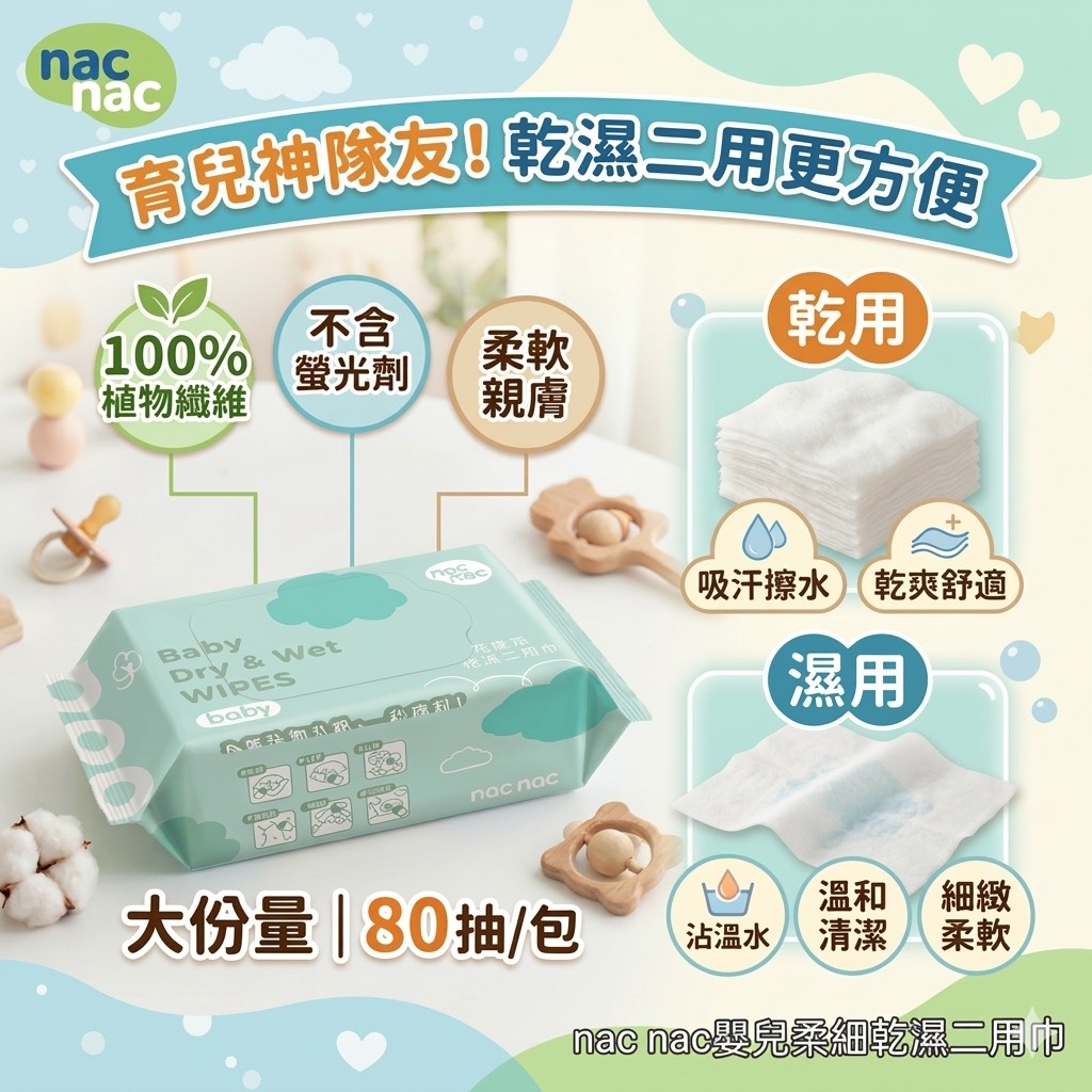 nac nac嬰兒柔細乾濕二用巾(80抽/包)